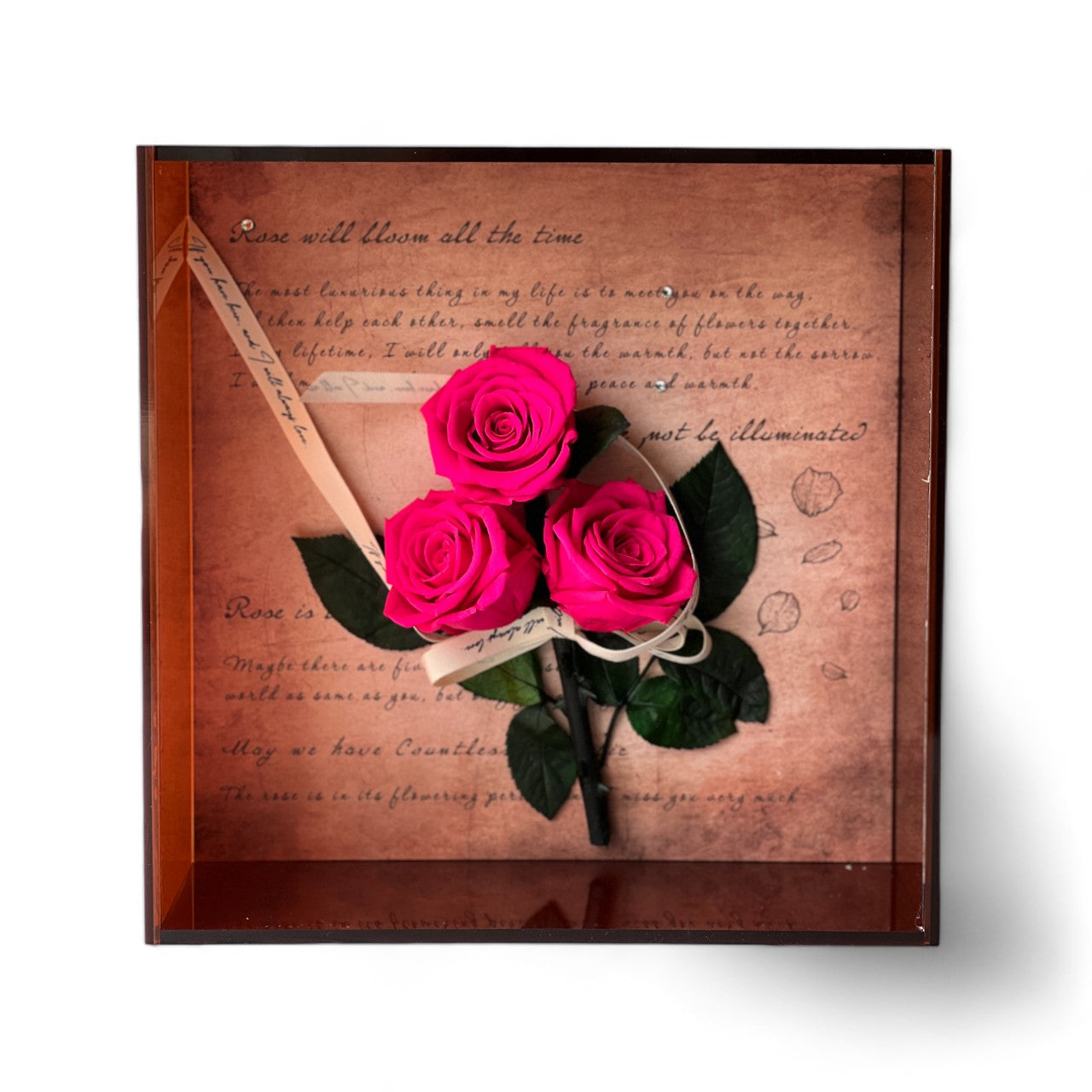 Elegant preserved pink roses arranged against a handwritten script backdrop, wrapped in vintage ribbon and encased in a deep copper frame. A timeless eternity rose gift perfect for special occasions.