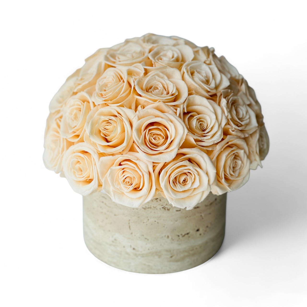 A soothing dome of preserved creamy yellow roses in a round concrete pot, perfect as a lasting centerpiece or gift for minimalist and modern decor.