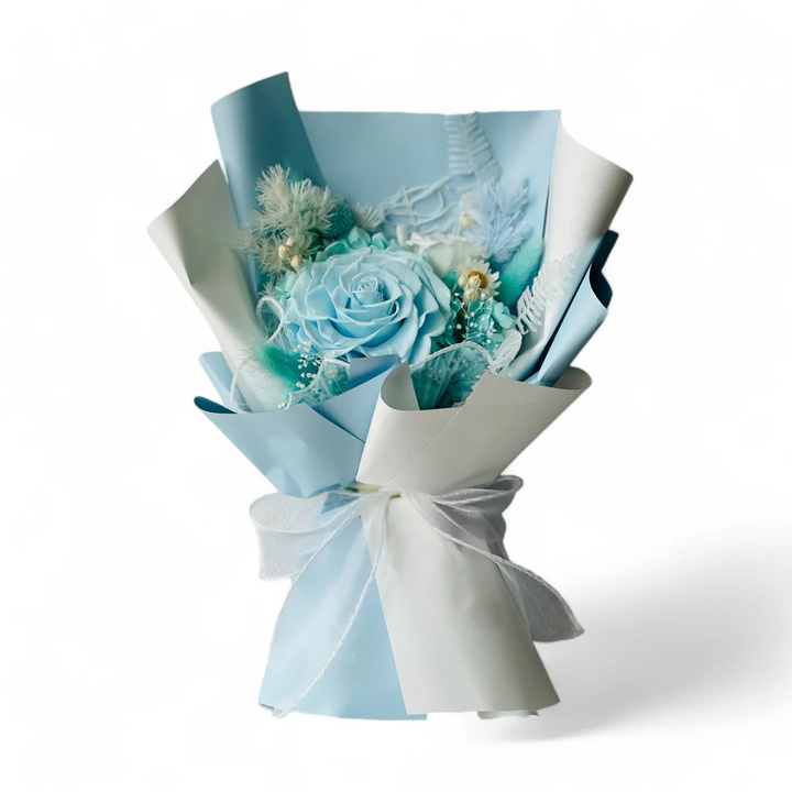 Blue & White Rose Bouquet With Hydrangea - Preserved Flower Bouquet