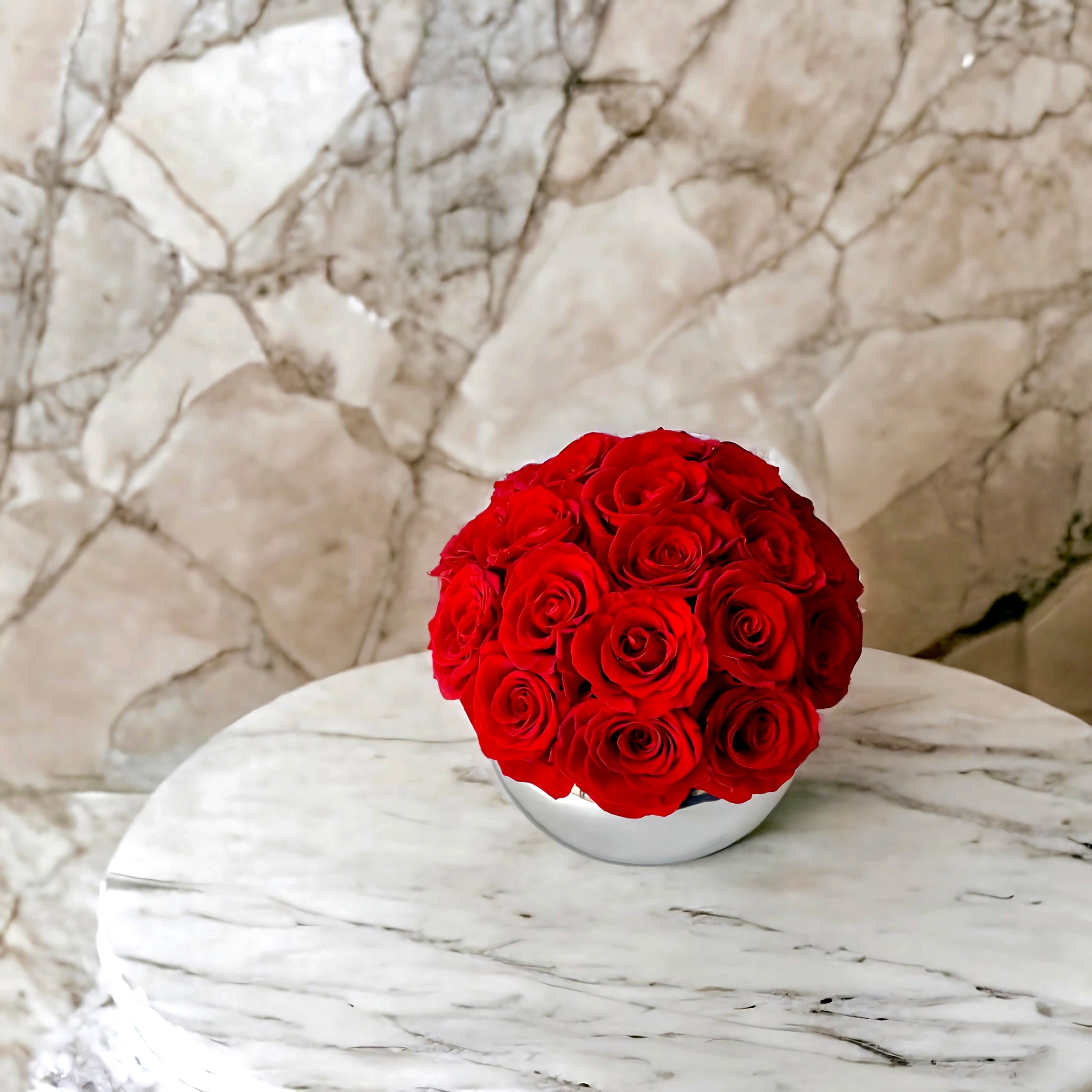 Preserved Red Rose Arrangement—vivid red blooms, perfectly preserved for lasting beauty. Ideal for adding a romantic touch to any space or as a thoughtful gift.