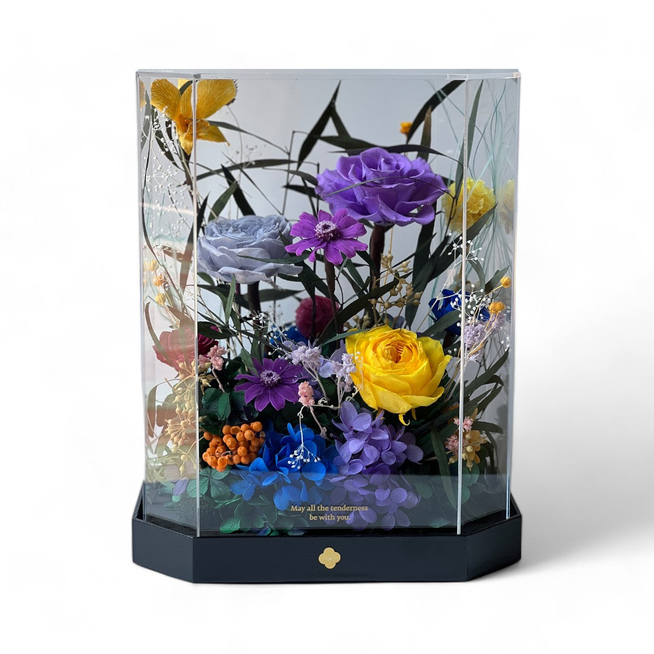 Mini Garden preserved flower arrangement featuring vibrant multi-color roses and delicate clematis in a sleek acrylic box. A thoughtful eternity rose gift perfect for brightening any space.