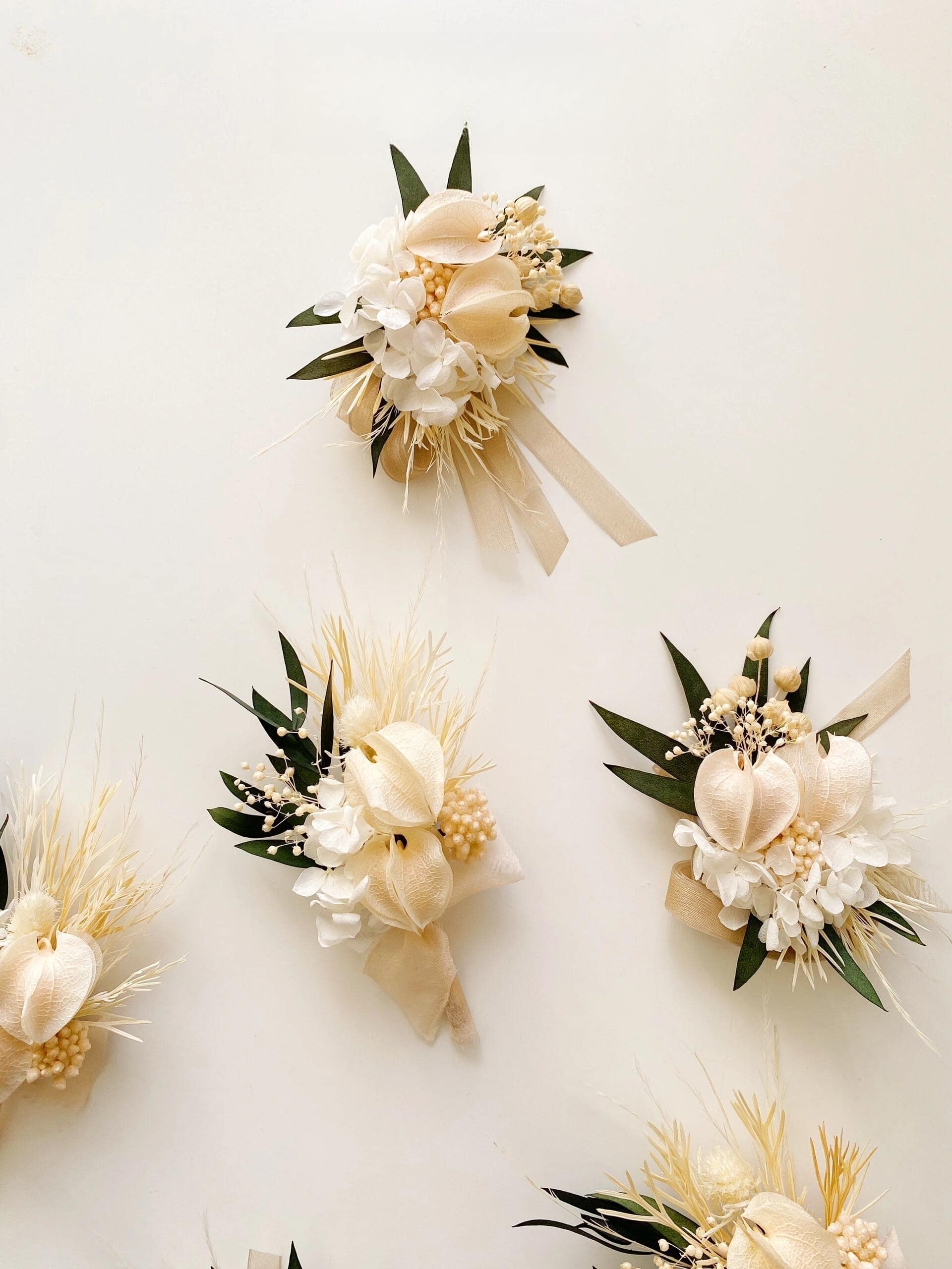 white lily wrist corsage Ivory Calla Lily and White Hydrangea Preserved Boutonniere and Wrist Corsage Set for Weddings