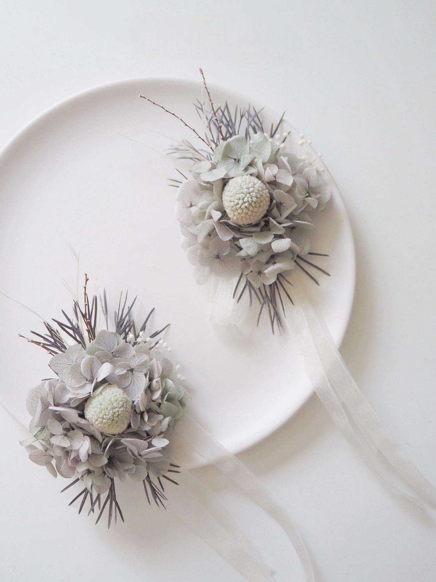 Dusty sage hydrangea and craspedia preserved flower corsage
