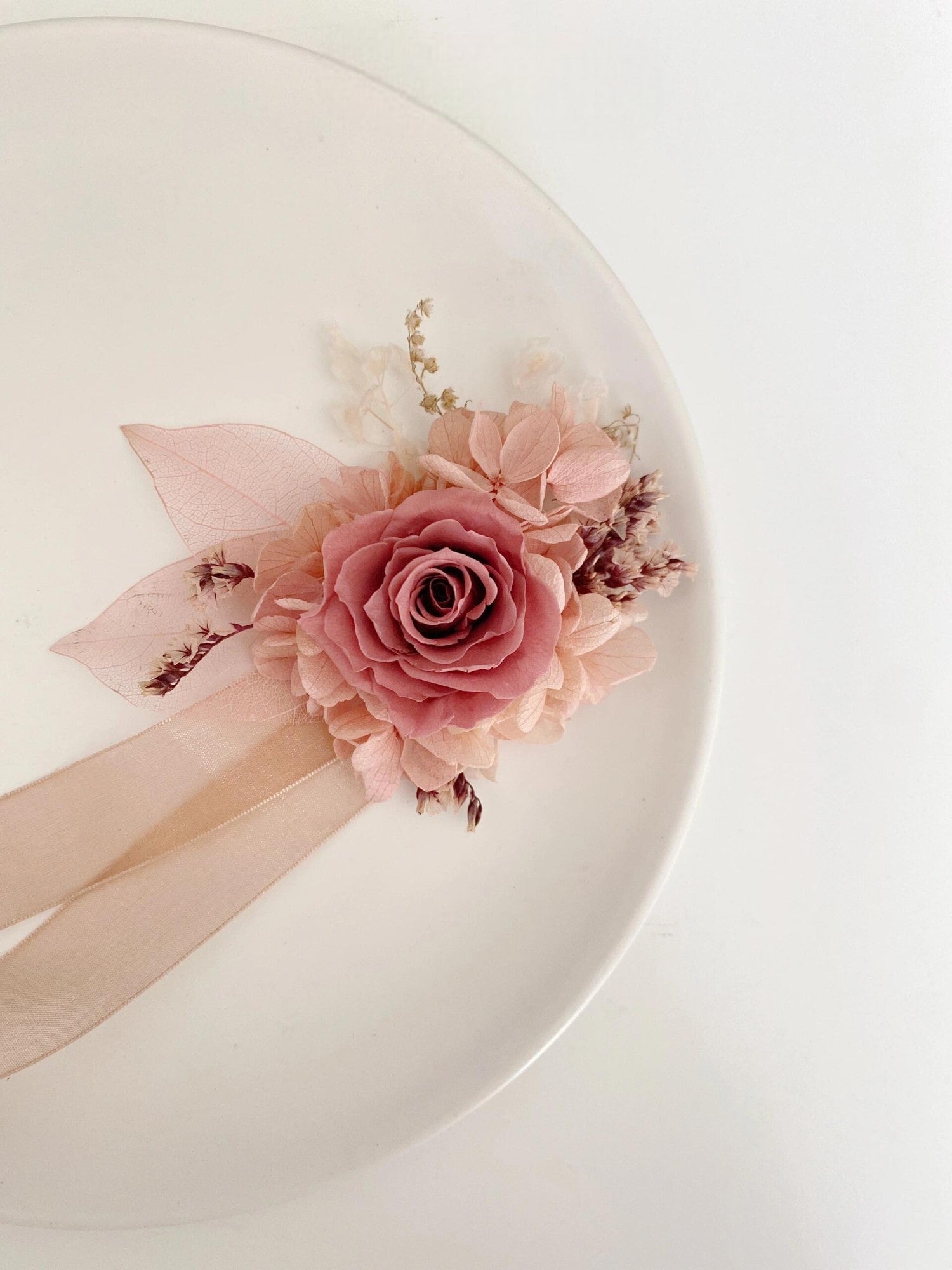 Dusty rose and blush hydrangea preserved flower corsage for weddings
