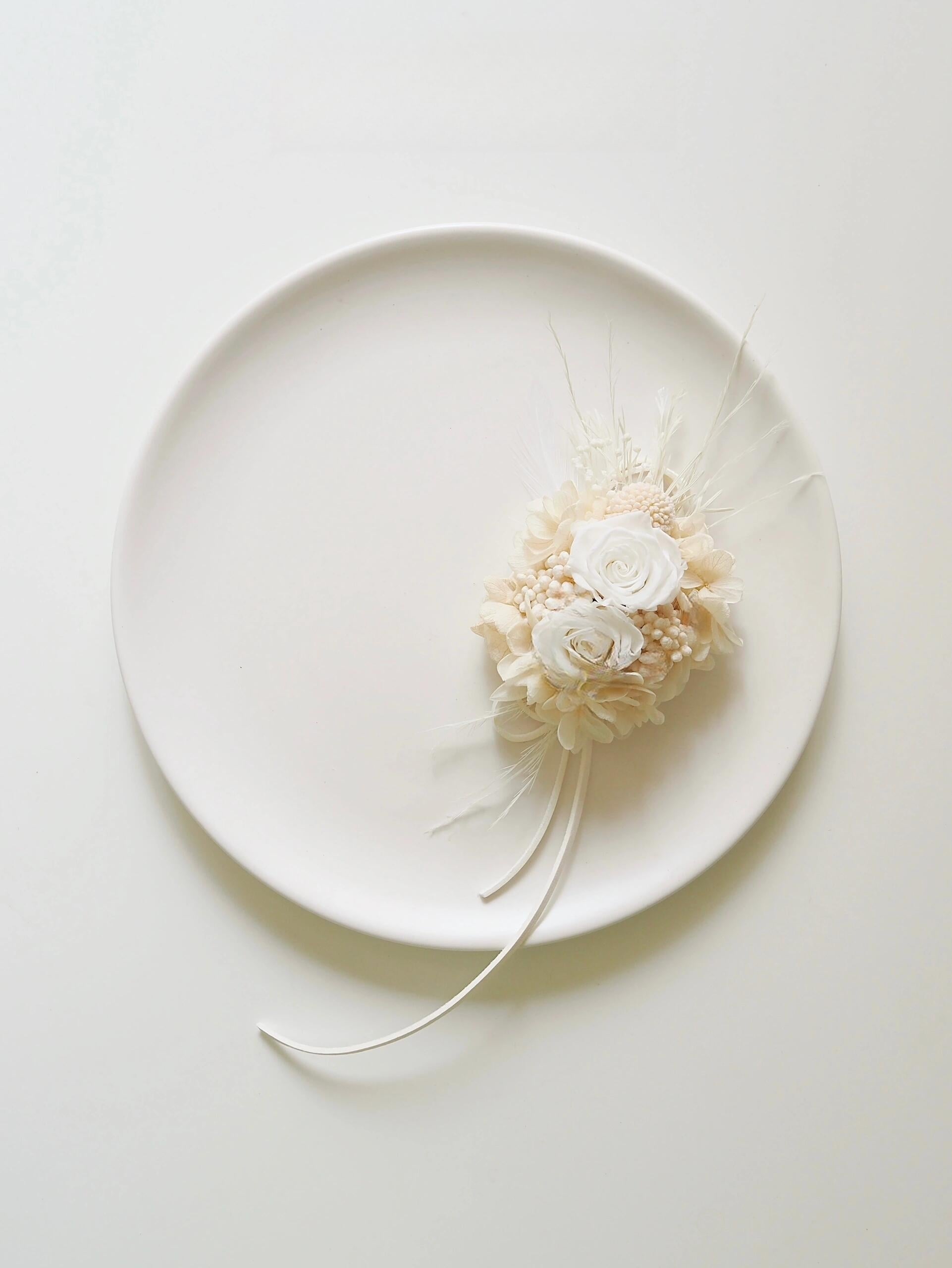 Ivory rose and hydrangea preserved flower corsage for weddings
