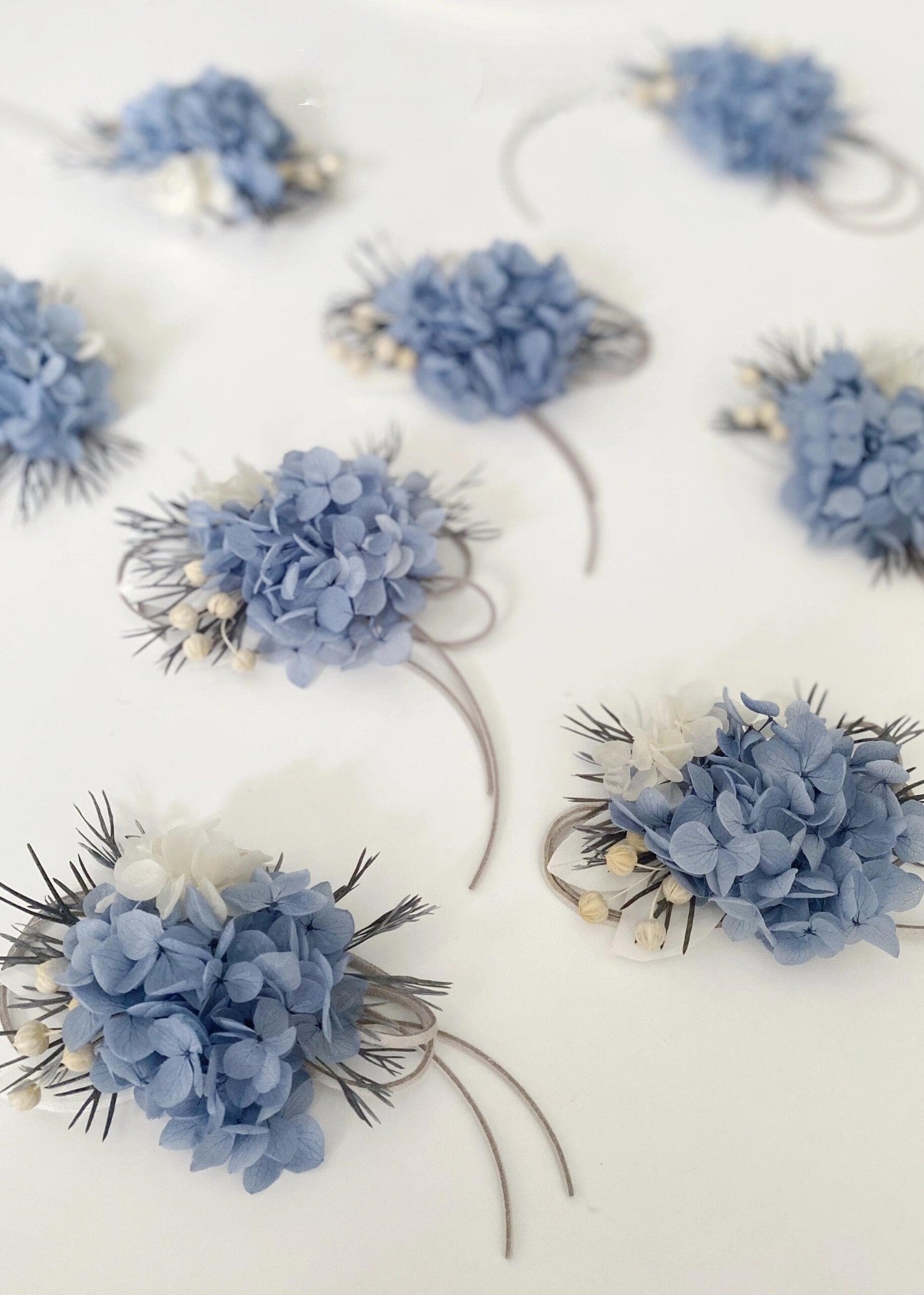 Elegant preserved dusty blue hydrangea wedding boutonniere set
