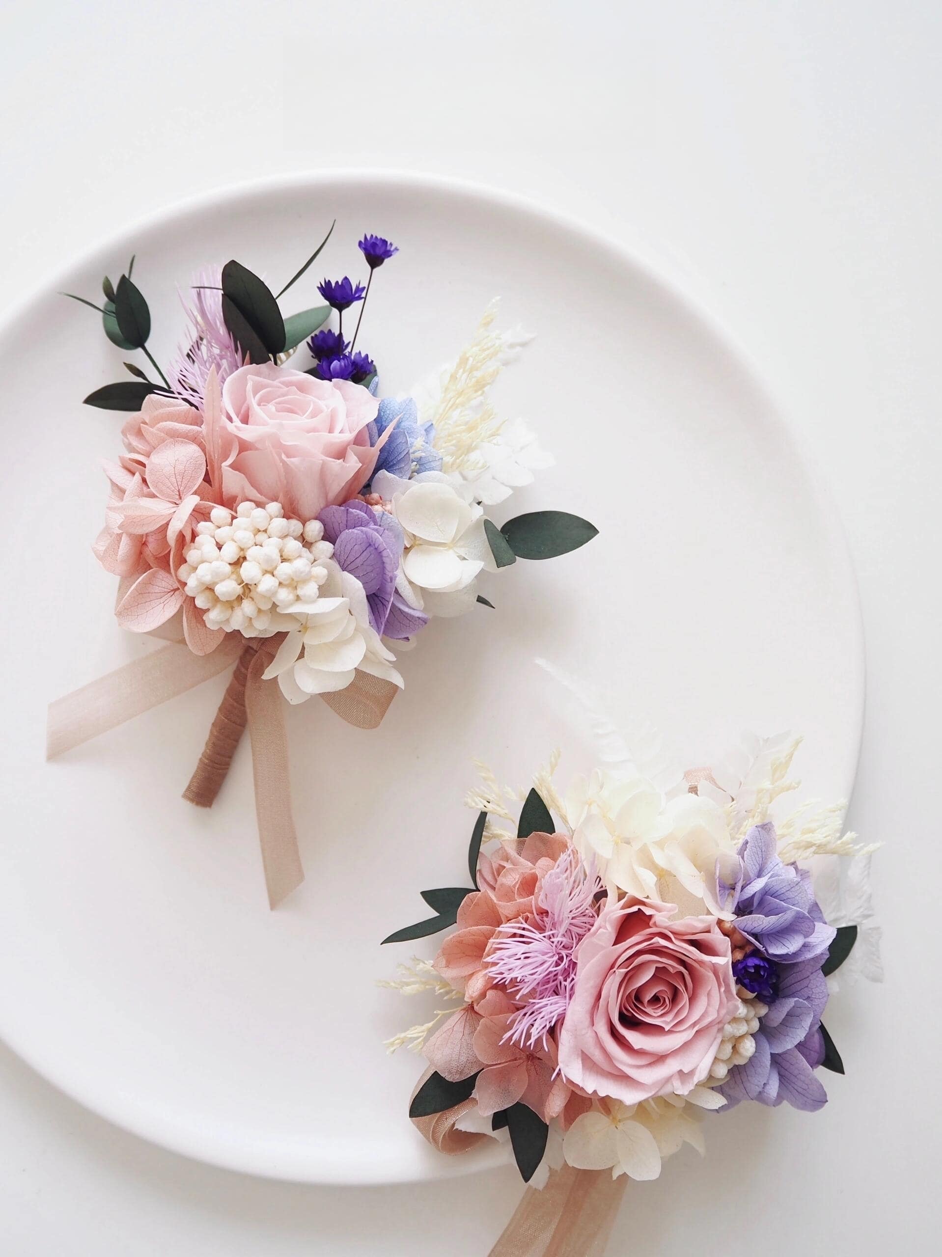 Wedding corsage with preserved blush rose and lilac hydrangea
