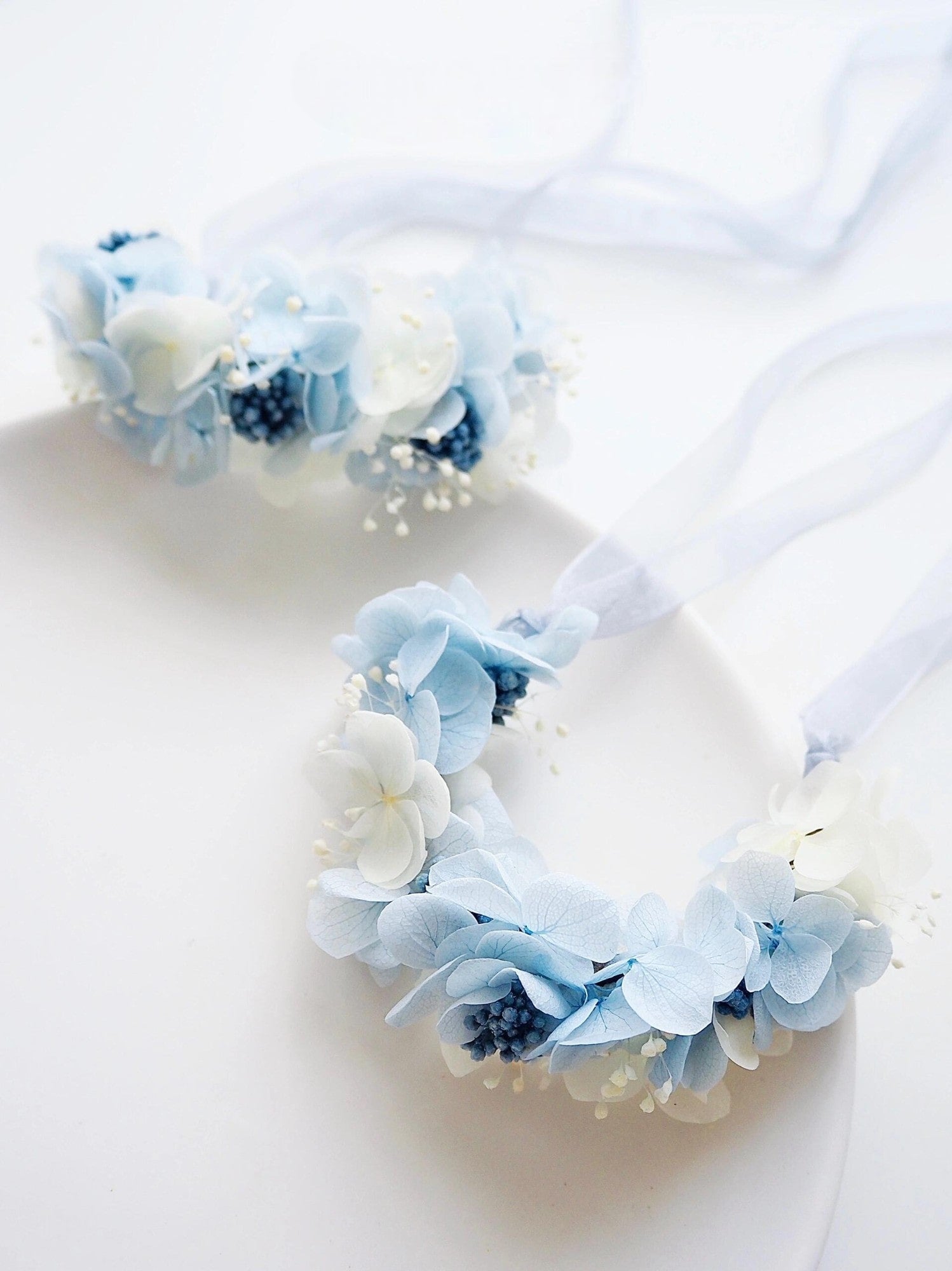 Elegant light blue hydrangea wrist corsage for weddings.
