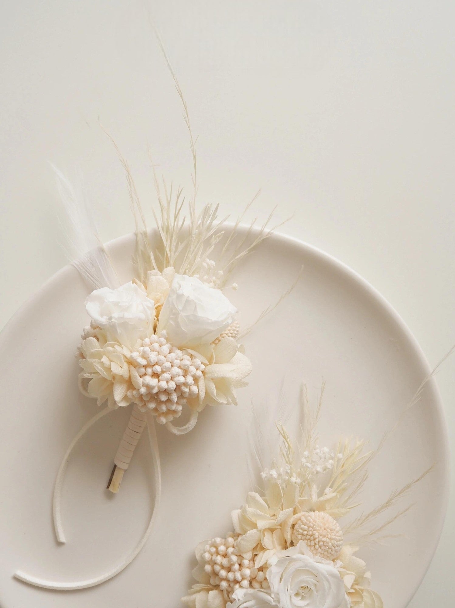 Ivory rose and hydrangea preserved flower boutonniere and corsage set for weddings
