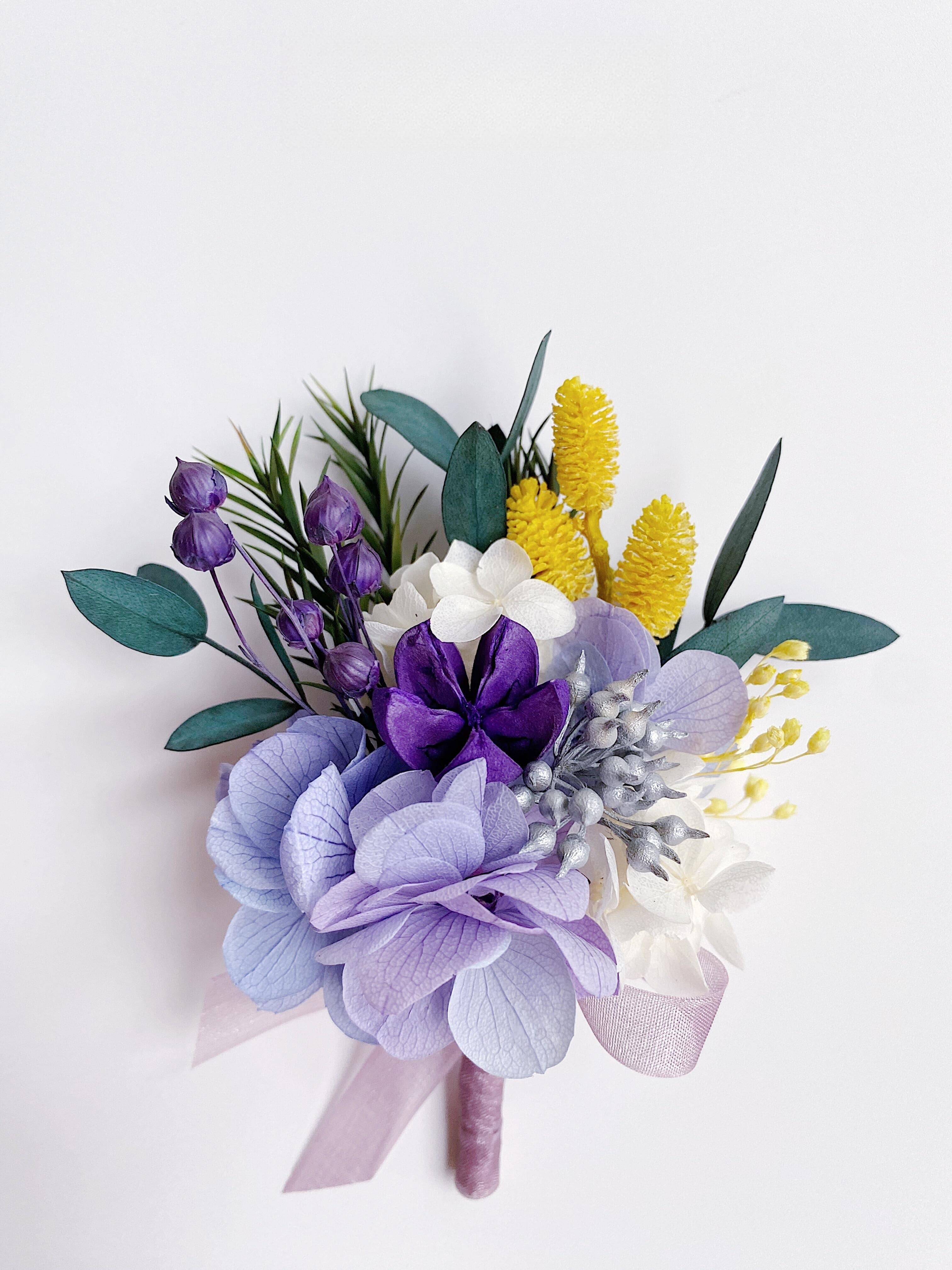 Lavender hydrangea and purple freesia preserved flower boutonniere
