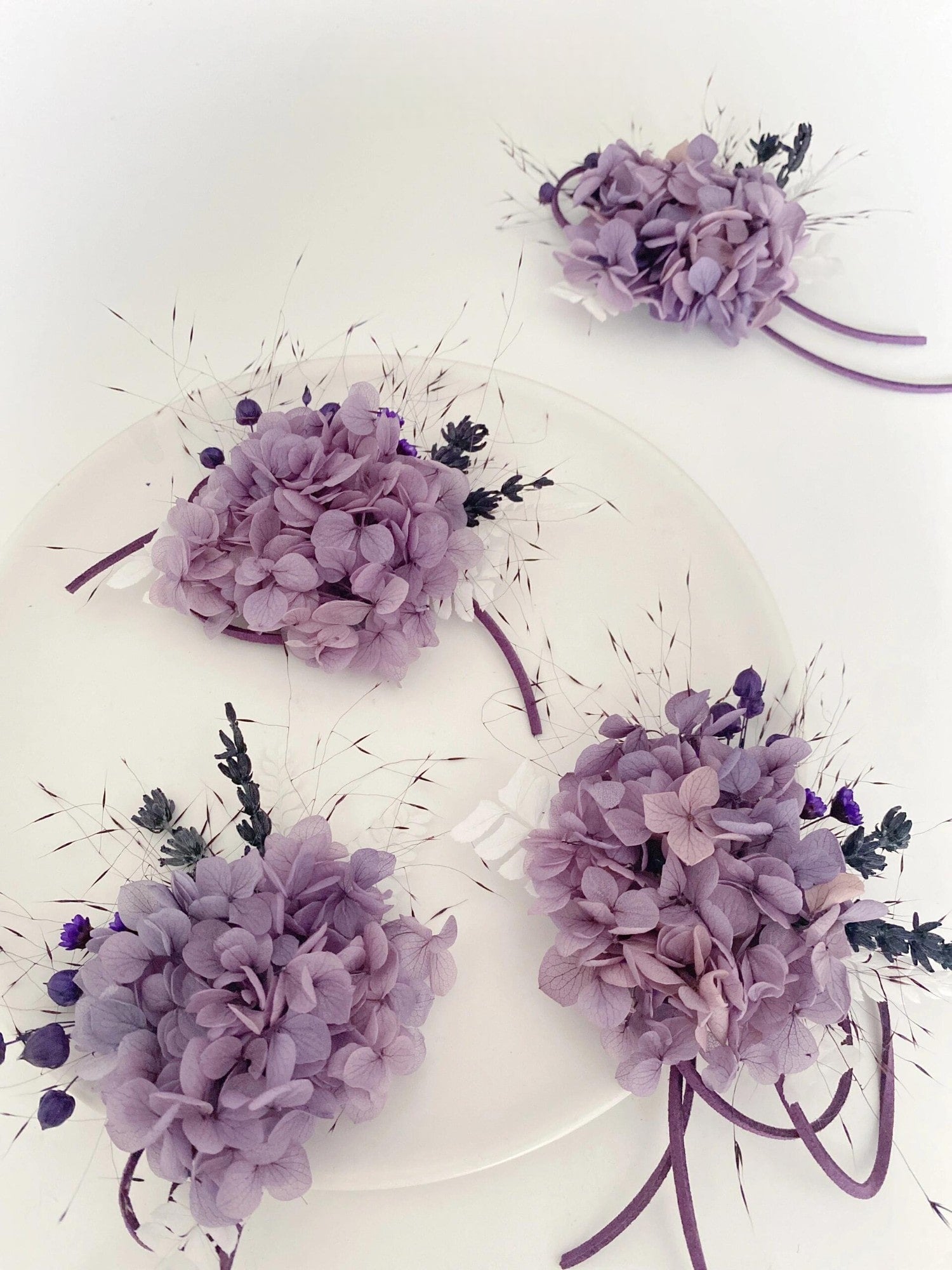 Purple hydrangea corsage with lavender accents, elegant floral accessory for weddings