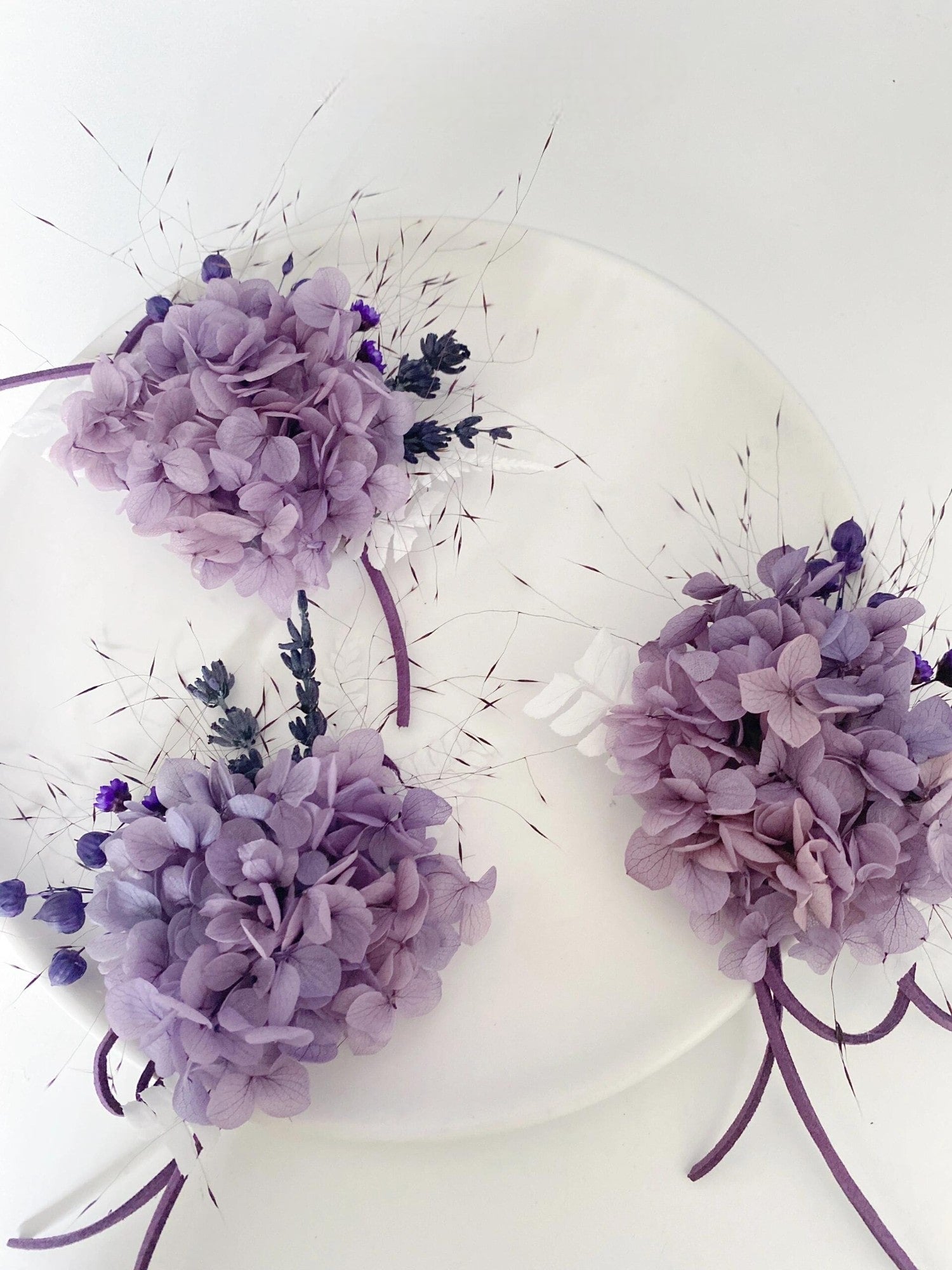 Purple hydrangea corsage with lavender accents, elegant floral accessory for weddings