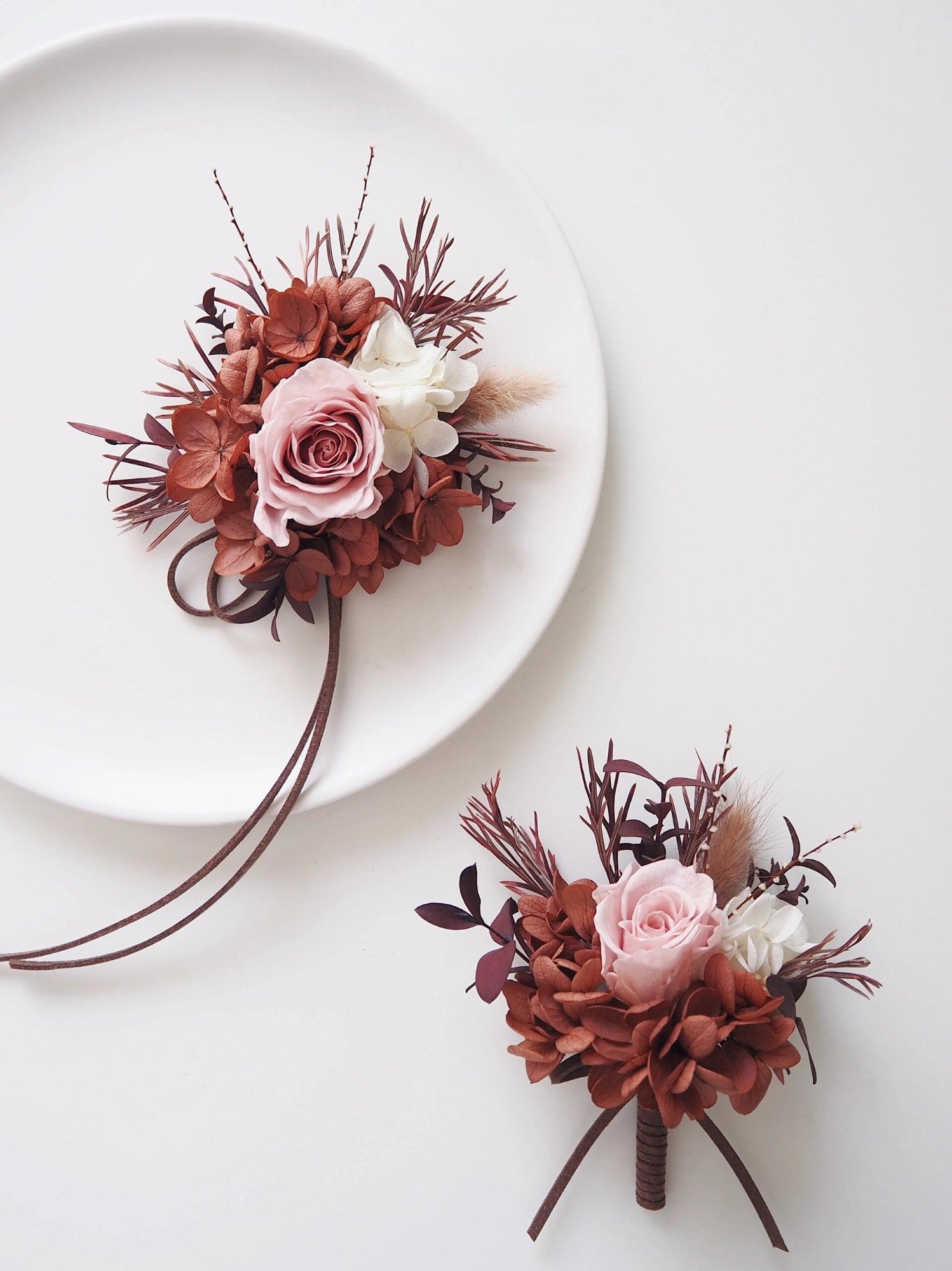 Blush rose and rust hydrangea preserved flower boutonniere and corsage set
