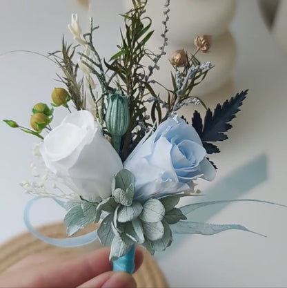 Corsage With Preserved Roses (White & Blue)